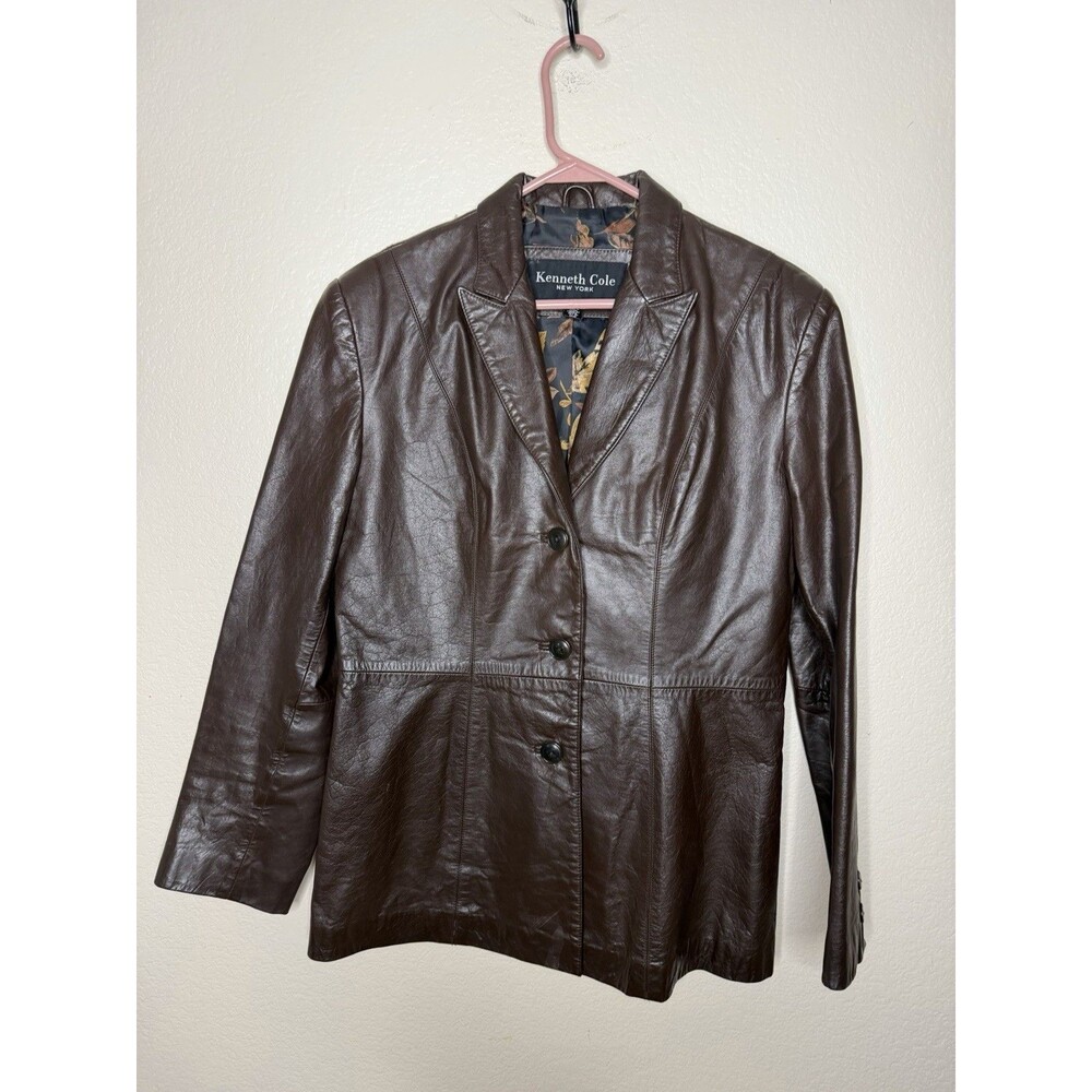 Kenneth Cole Women's Leather Brown Jacket Blazer Button Long Sleeve Sz M